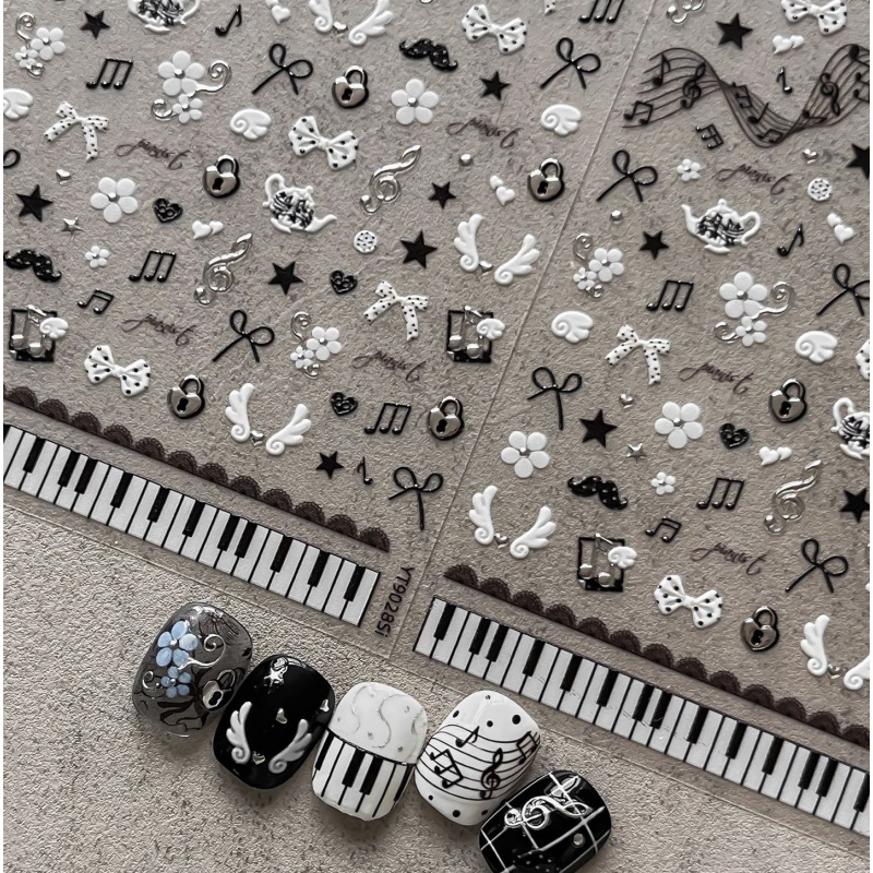 Audio Music Notes - 블랙 화이트 피아노 노트 네일 스티커